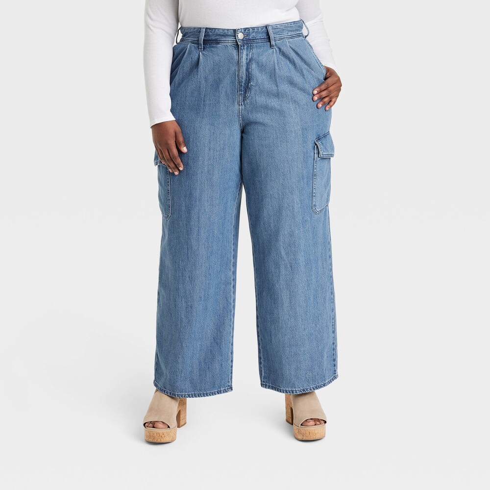 Womens Wide Leg Denim Cargo Jeans Plus size 28 4X Med Wash, Pleated NEW!
